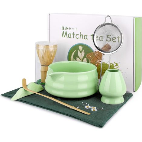 Service à thé Matcha – Un service à matcha japonais comprenant un bol en céramique, une cuillère et une soucoupe, une passoire et un torchon – un cadeau parfait pour les amateurs de matcha. (1/5)