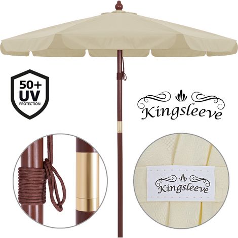 Kingsleeve Holz Sonnenschirm 330 cm UV Schutz 80+ Schutzhülle Seilzug Groß Rund Stabil Windfest Marktschirm Gartenschirm Balkon beige creme creme (1/8)