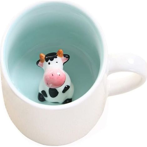 Mug en Céramique Blanche 3D Motif Veau - JINFGERNE - Fait Main, Grande Contenance 400 ml, Résistant aux Chocs Thermiques, Idéal pour Boissons Chaudes, Facile à Nettoyer et Écologique (1/5)