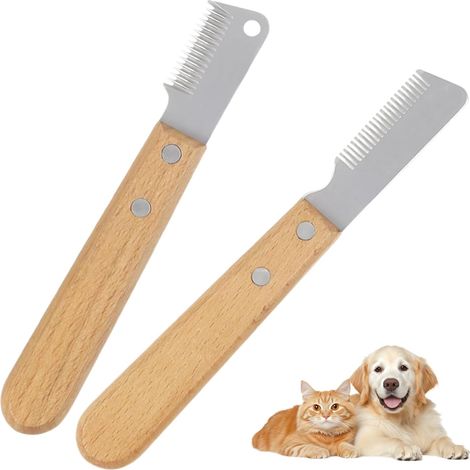 2 PCS Couteau à Trimmer Chien, Couteau de Coupe Comme Peigne, Outil de Toilettage avec Manche en Bois pour Main Droite, Élimine Sous-Poil et Finition pour Chiens et Chats (1/5)
