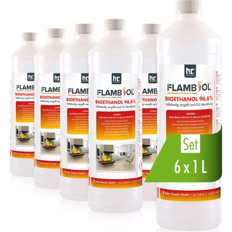 Höfer Chemie Gmbh – Bioéthanol 96,6% Premium 6 x 1 L – Combustible sans fumée pour cheminées à éthanol – Durée de combustion 2-3h par litre