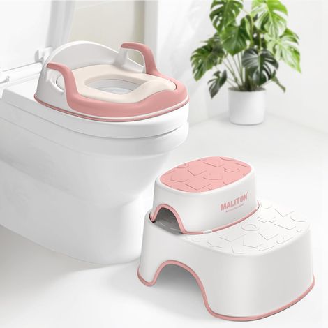 Reducteur Toilette Enfant avec 2 Marches Pied Enfant Transportable, Reducteur Toilette Enfant de 1 à 8 ans garçons et filles, Coussin Anti-éclaboussures Reducteur de WC avec Marche Pied Bébé, Rose (1/5)