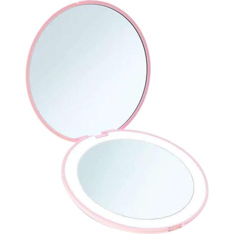 Miroir De Maquillage LED - Miroir Double Face Avec Grossissement 1x Et 10x - Miroir Rond Pliable Avec Éclairage - Compact Pour Voyage - Rose (1/5)