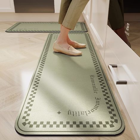 Tapis de sol en terre de diatomée – Absorbant eau et huile, antidérapant, style wabi-sabi pour cuisine et salle de bain – Modèle Simple Crépuscule Vert (40 x 60 cm, coins arrondis)-lsw