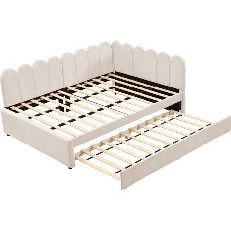 Eck-Bettbank 140x200 cm aus beigem Samt mit Ausziehbett - MODENUIT (1/5)