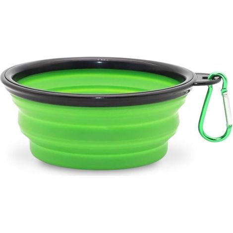faltbarer, grüner Reise-Hundenapf mit 16 cm Durchmesser für Wasser und Trockenfutter, tragbarer Silikonnapf mit Karabinerhaken (1/4)
