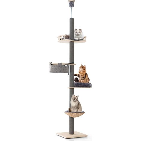 COSTWAY Albero per Gatti da Pavimento a Soffitto con Altezza Regolabile da 236 a 271 cm, Torre per Gatti in Legno a 5 Piani con Amaca, Letto e Cesta e Tiragraffi (1/5)