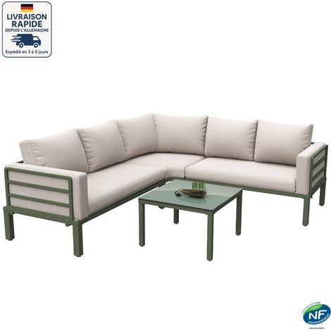 Ensemble de jardin 5 places, canapé d'angle + tables basses fixes, plateau en verre avec coussins et oreillers, pieds réglables, métal, beige (1/5)