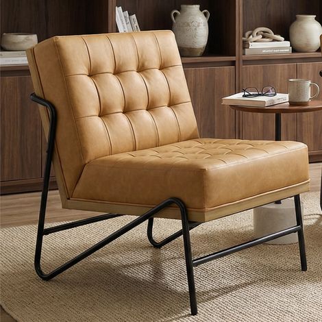 Wahson Fauteuil de Salon Confortable Fauteuil Scandinave Chaise de Chambre Capitonné en Lin Fauteuils Salon Moderne Pieds Métal, Marron (1/5)