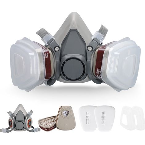 Kit de Couverture de Visage avec 2 Filtres/2 Botes/2 Cotons Filtrants, Réutilisable Anti-Poussière/Particule/Vapeur/Gaz, pour Pulvérisation/Peinture/Industrie/Agriculture, Gris (1/5)