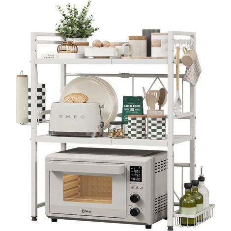 Expandable Microwave Shelf, 3-Tier Microwave Stand with Metal Spice Basket, Kitchen Roll Holder & 8 Hooks (1/5)