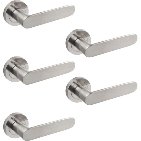 Poignée de porte intérieur, lot de 5 ensembles de poignées de porte avec rosace D.50 mm, Aluminium, Nickel satiné. (1/5)