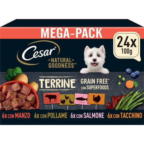 Cesar Natural Goodness Terrine Cibo Umido per Cani al gusto di Pollame, Tacchino, Manzo e Salmone in Patè, 24 Vaschette da 100g (1/4)