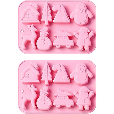 2 moules à pâtisserie en silicone, 8 cavités motifs Noël (maison de pingouin, voiture d'élan), pour chocolat, bonbons et pâtisserie (1/5)