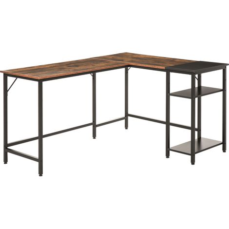 Scrivania Angolare in Stile Industriale con Ripiano Laterale, in Legno e Metallo Nero, 150x120x75cm