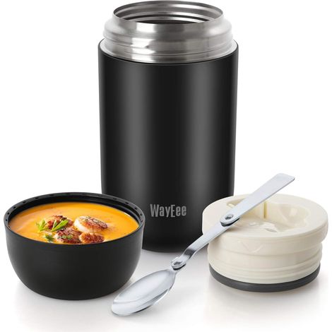 Boîtes Alimentaires isothermes,Boite Isotherme Repas Chaud Porte-Aliments en Acier Inoxydable à Double Couche pour Ecole Bureau (Noir, 710ML) (1/5)
