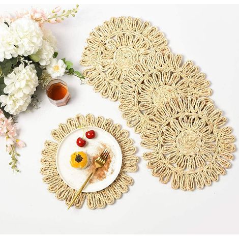 Lot de 4 dessous de plat ronds en rotin tissé pour table à manger, 28 cm, naturel, paillassons de table en osier pour assiettes creuses, déco cuisine Noël, beige (1/5)