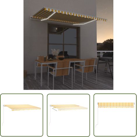 The Living Store Markise Manuell Einziehbar mit LED 450x350 cm Gelb und Weiß - Outdoor-Markise - Sonnensegel - Gartensonnenblende - Markise Elektrisch - Markise Manuell (1/5)
