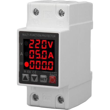 Protecteur de tension intelligent réglable 3 affichages AC 80-300V 1-63A, protection contre les surtensions et sous-tensions, dispositif de sécurité électrique 63A. (1/5)