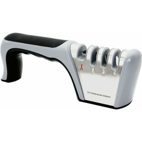 Professioneller 4-in-1-Schärfer für Küchenmesser und Scheren mit rutschfester Gummibasis, geeignet für Edelstahl- und Keramikmesser.