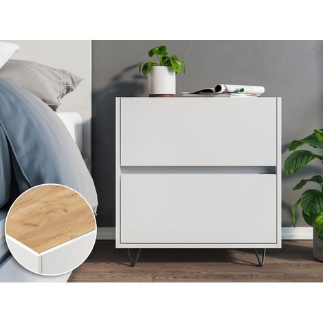 Nachttisch Yako 60cm 2 SoftClose stehend Weiß und Eiche Top