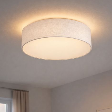 Deckenleuchte weiß rund Deckenlampe Stoff weiß Lampe Textil, Wohnzimmer, Metall Stoffschirm, 3x E27 Fassungen, DxH 40x12cm