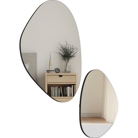 Set di 2 specchi da parete, specchi decorativi irregolari a forma di ciottolo, cornice in metallo, 70 x 46 cm/49,5 x 31 cm, neri.