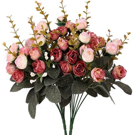Ramo de flores artificiales Houda, juego de 2, flores de seda con hojas y rosas, ideal para la decoración de bodas. (1/3)