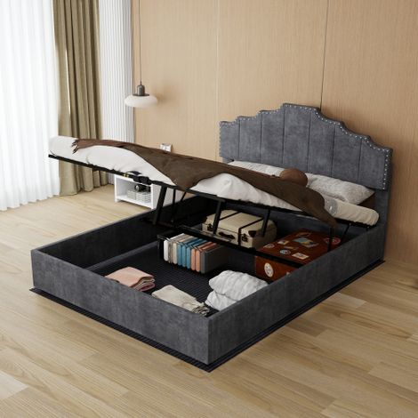 Lit coffre adulte 140x200 cm avec tête de lit au design géométrique et sommier à lattes, sans fond, sans matelas, en velours, gris (1/5)