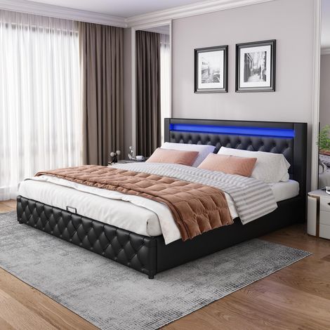 Lit rembourré 140x200cm, lit fonctionnel avec sommier à lattes et espace de rangement, éclairage LED, noir, PU, garantie 2 ans (1/5)
