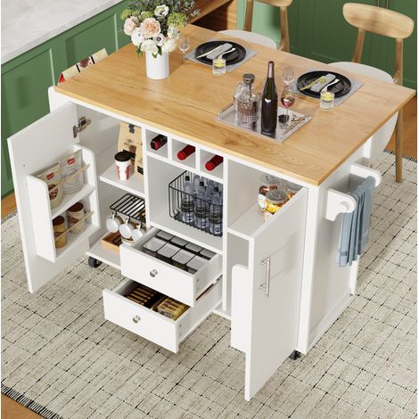Isla de cocina con tablero abatible, 137,9 x 73 x 92,2 cm, 2 cajones, ruedas, blanco HAVRYA (1/5)