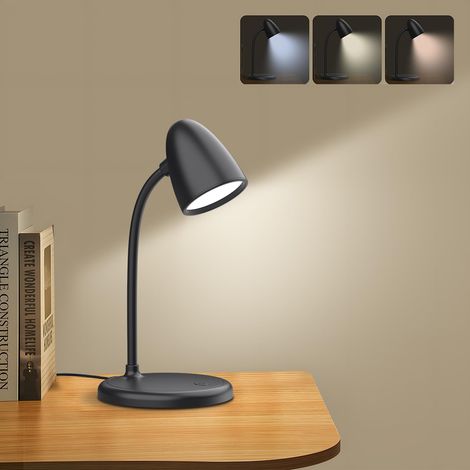 Lampe de bureau LED pour la maison et le bureau, 3 couleurs de lumière, intensité réglable, lampe de lecture de chevet, petite lampe de bureau, noire. (1/5)