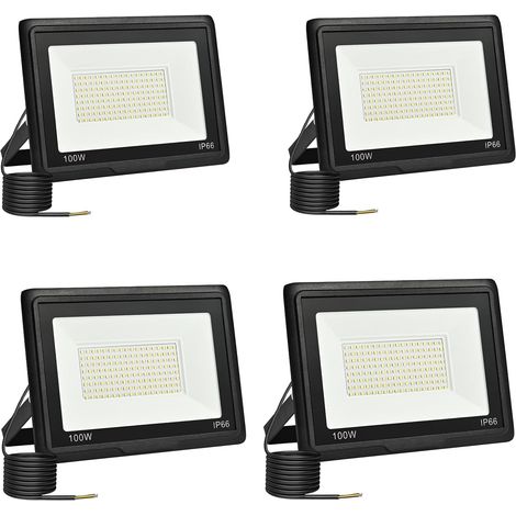 4 projecteurs led extérieurs, 100 w, 10 000 lm, 6000 k, ip66, angle 120°, aluminium et verre trempé, pour jardin garage cour