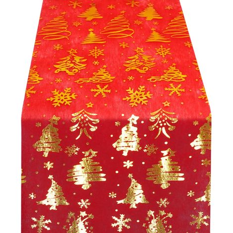 Chemin de Table Noel Rouge, Chemin de Table Noel Tissu, 28500CM, Rouleau Chemin de Table(Modèle d'arbre de Noël Doré), Decoration Table Tulle Noel, pour Noël, Anniversaire, Mariage, Fête (1/5)