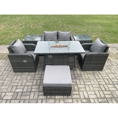 Fimous Rattan Gartenmöbel Set Outdoor Patio Gas Feuergrube Esstisch und Stühle mit 2 Beistelltischen Liebe Sitz Sofa Fußhocker (1/5)