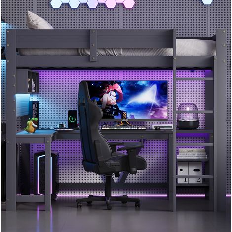 Letto a soppalco gaming 90x200 cm con scrivania, LED e ricarica USB, grigio OKMYHOME (1/5)