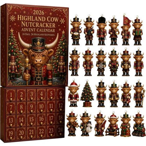 Adventskalender 2026 – 24-teilig – braun, rot, grün – Acryl – 24 Tage – Weihnachtsschmuck mit Hochlandrind-Motiv und Nussknacker – Christbaumschmuck – geeignet für Weihnachten und als Dekoration im In (1/5)