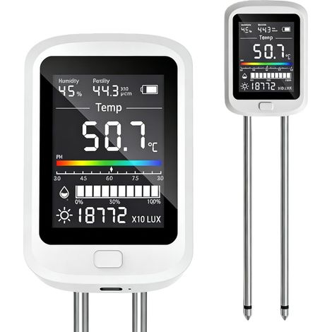 Medidor de pH del suelo 6 en 1, medidor digital de humedad y pH con medición de temperatura, luz y fertilidad, pantalla LCD para jardín, granja, césped y plantas. (1/5)