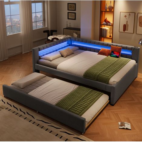 Cama daybed 140x200 cm gris en lino con cama nido, LED, USB y USB-C