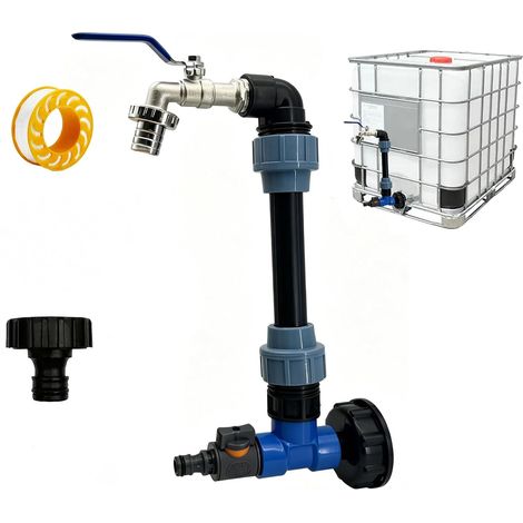 Kit IBC 2 en 1 avec Adaptateur - Robinet Col de Cygne + Vanne à Bille 3/4", Raccord pour Cuve 1000L, Fût IBC et Récupérateur d'Eau de Pluie, Acier Inoxydable, Hauteur 25 cm (1/5)