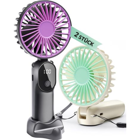 Lot de 2 mini ventilateurs portables rechargeables USB avec sangle cou et base amovible, pliable 90°, 6 vitesses, ventilateurs mains extérieur maison bureau (1/5)