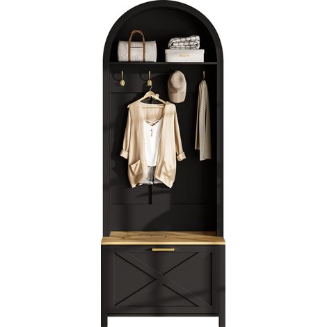 Flurgarderobe Baum mit Ablage und Schuhregal, MDF, Schwarz und Holz, 75×35×195 cm (1/5)