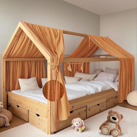 Lot de 2 ciel de lit avec application dorée - Fait à la main en mousseline 100 % coton - Pour décoration de lit de maison - Pour filles et garçons (jaune moutarde, lot de 2, 132 x 320 cm) (1/5)