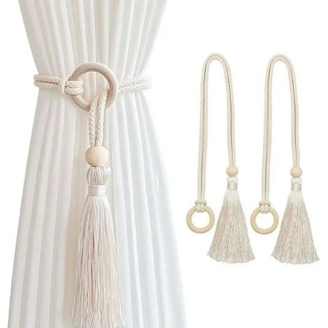 2Pcs Embrasses de Rideaux en CotonEmbrasse à Bohème Rideaux Ajustables avec Pendentif PomponRideaux Tissé Main avec Boucle (1/5)