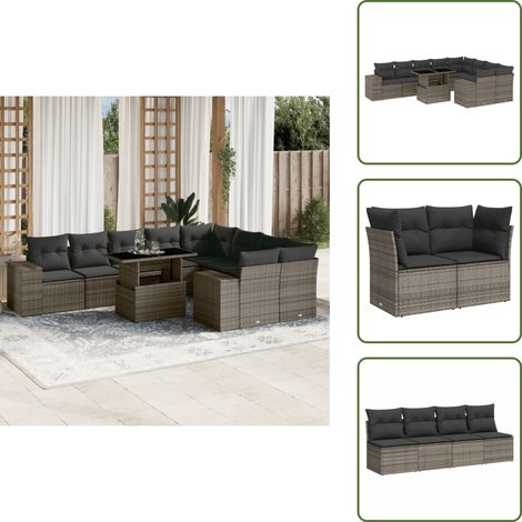 The Living Store Salon de jardin avec coussins 10 pcs gris résine tressée - Ensemble Salon De Jardin - Mobilier De Jardin - Salon Extérieur - Set De Jardin - Chaise Longue (1/5)