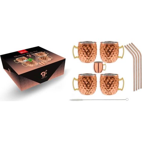 Set Moscow Mule Cuivre Diamant : 4 Tasses 450 ml, Jigger, Pailles et Brosse