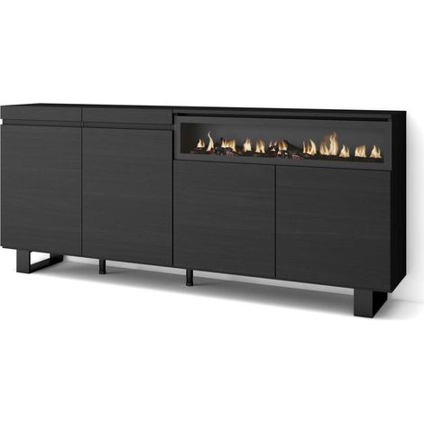 Aparador Benajarafe-01 de 200x87x35 cm con 4 puertas, chimenea y luces LED, color negro (1/4)