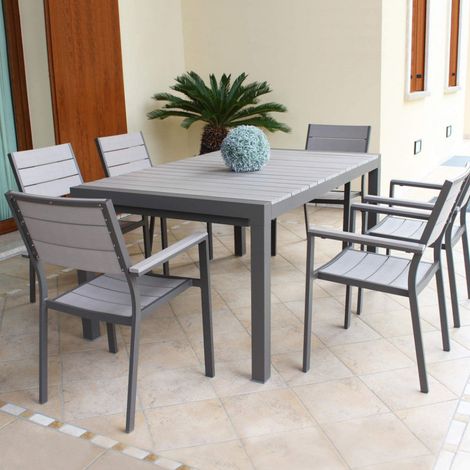 Sedia poltrona impilabile da esterno in alluminio con seduta e schienale in polywood effetto doghe Futy - DarkGrey