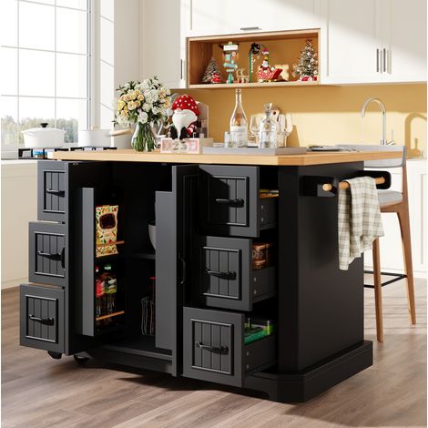 REDOM - Isola da cucina mobile 120x45x91 cm, ampio spazio contenitivo, 2 porte, 6 cassetti, MDF, nero (1/5)