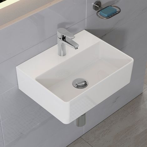 HOROW Lavabo sospeso da bagno in ceramica, 39 x 30 cm, bianco, quadrato, da parete o da appoggio, con foro per rubinetto, per piccoli spazi (1/5)
